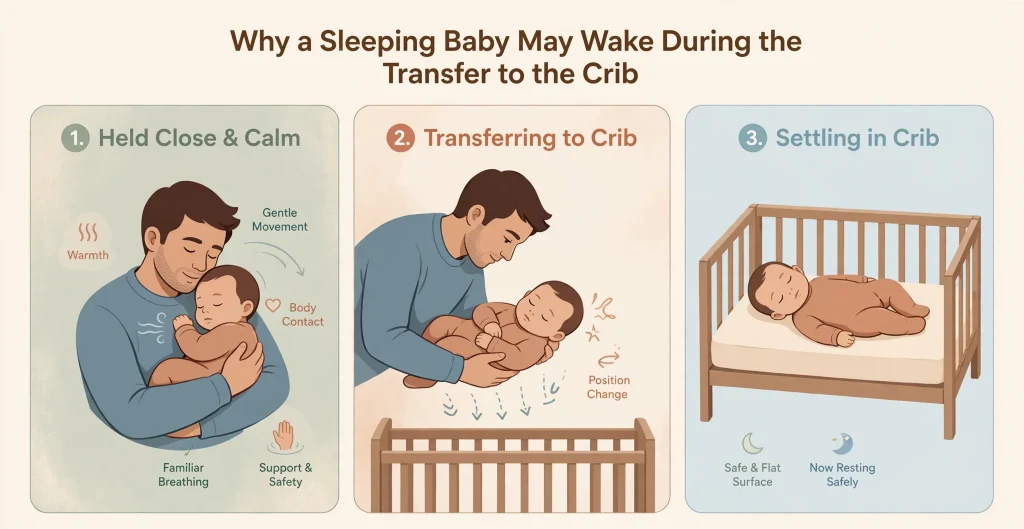 Illustration showing how warmth, movement, and contact change when a baby is transferred to a crib / baby wakes up every time I put them down