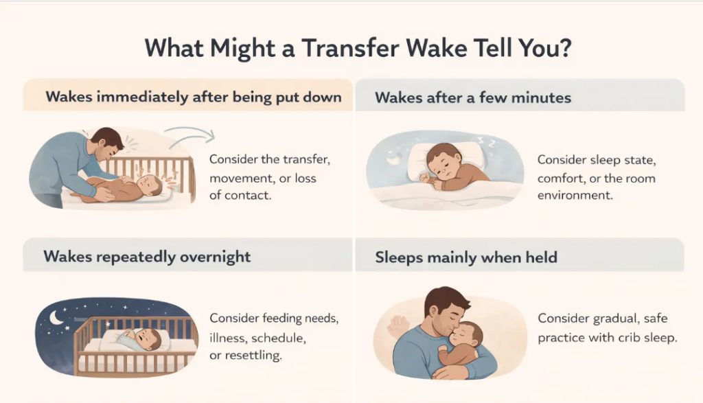 Infant sleep troubleshooting guide showing common patterns when a baby wakes after being put down