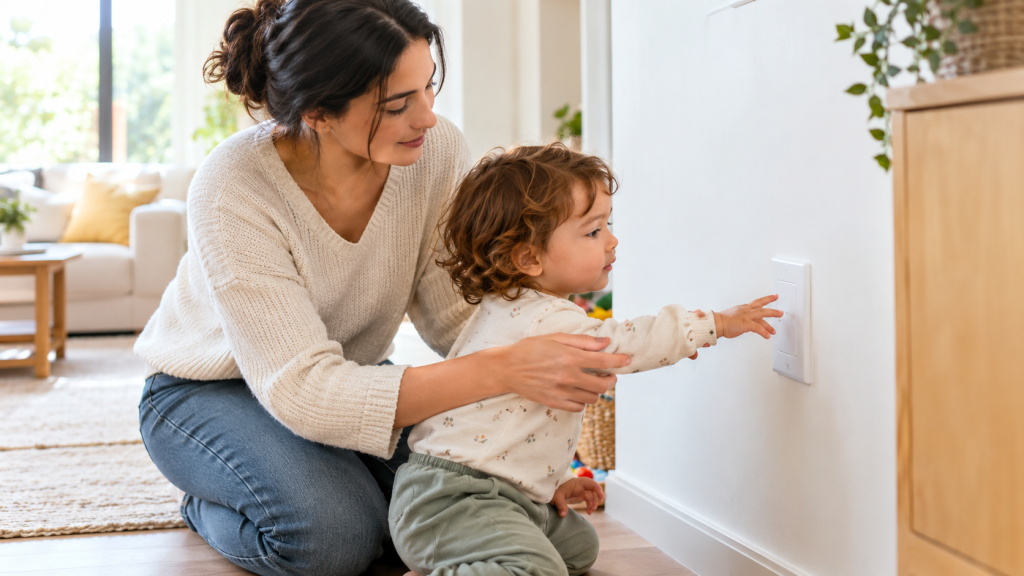Mother gently redirects a toddler away from a covered electrical outlet for safety
