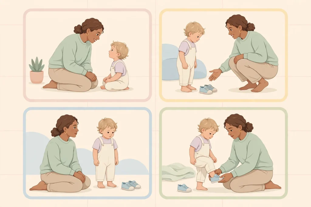 four-step illustration showing a parent helping a toddler put on shoes calmly
