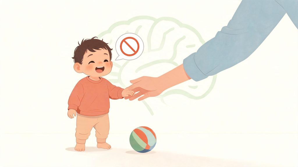 Illustration of a toddler learning self-control with help from a parent = why does my toddler laugh when I say no